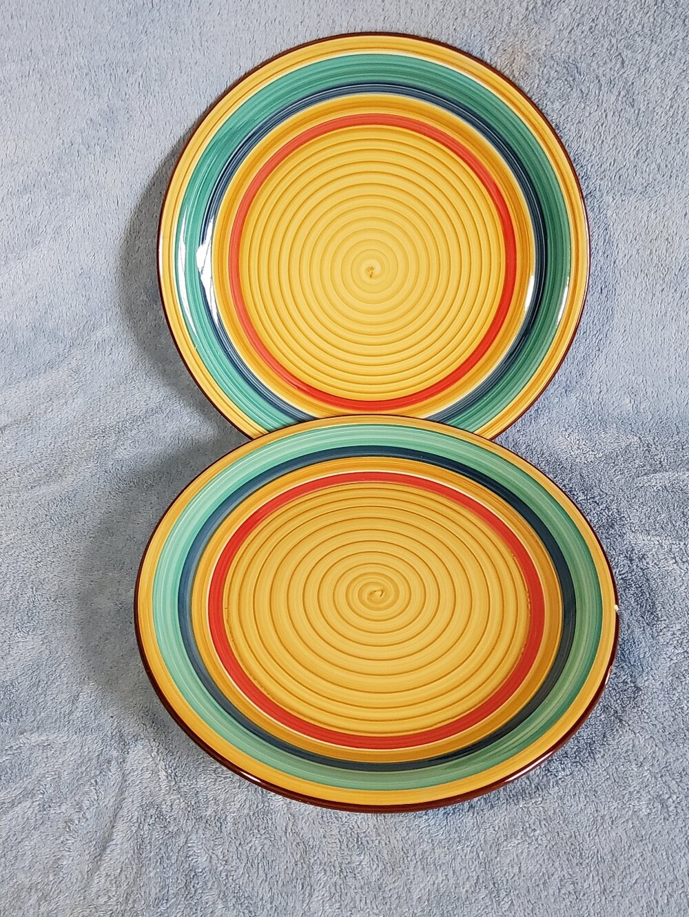Damaged Set of 2 Gibson Home 10.5" Dinner Plates Rainbow Swirl Fiesta Style